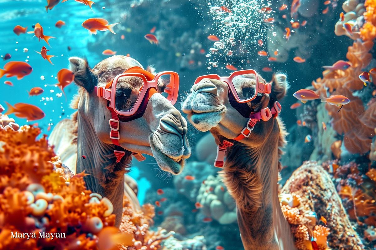 Unfamiliar — two camels in snorkel masks facing each other underwater